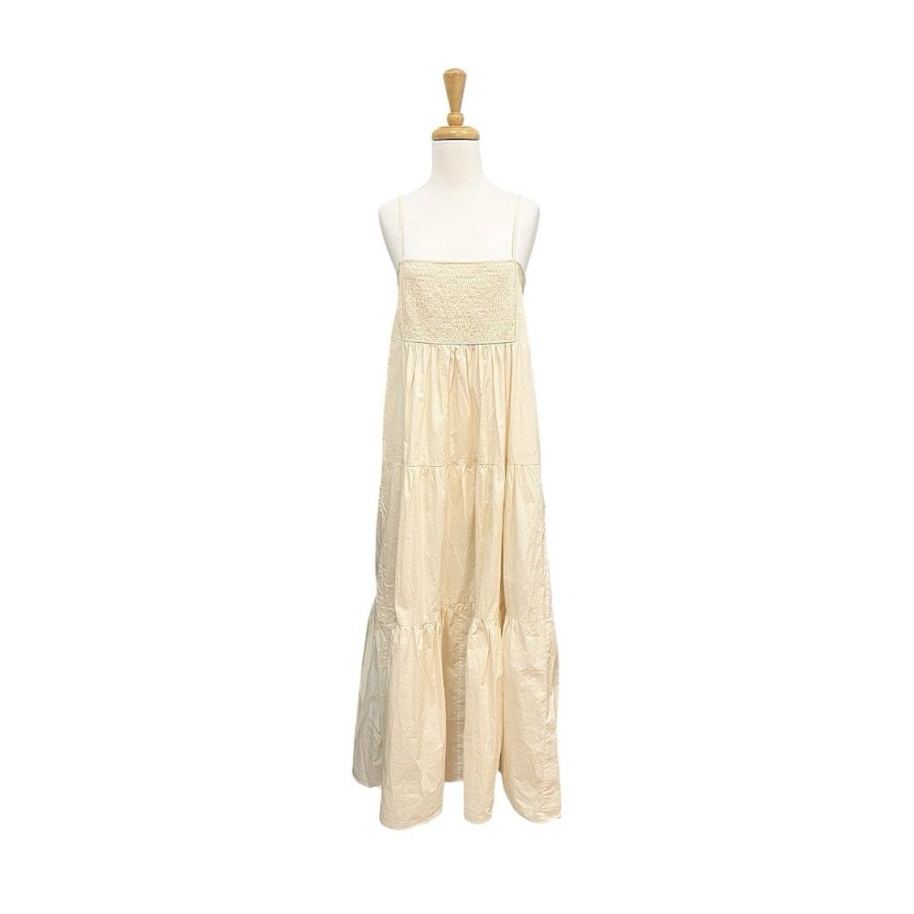 Bird & Knoll Luna Smocked Maxi Dress Size S Small Beige Cream